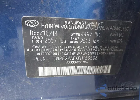 2015 Hyundai Sonata Se from USA, damaged, VIN 5NPE24AFXFH156598